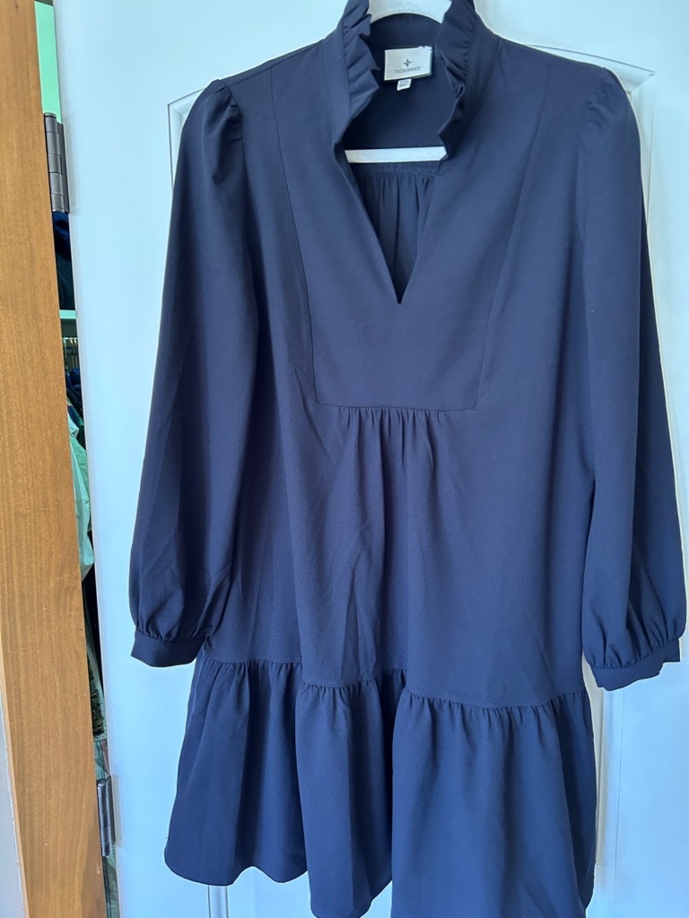 Tuckernuck Navy Long-Sleeve Soft V-Neck Dress With Subtle Pleating